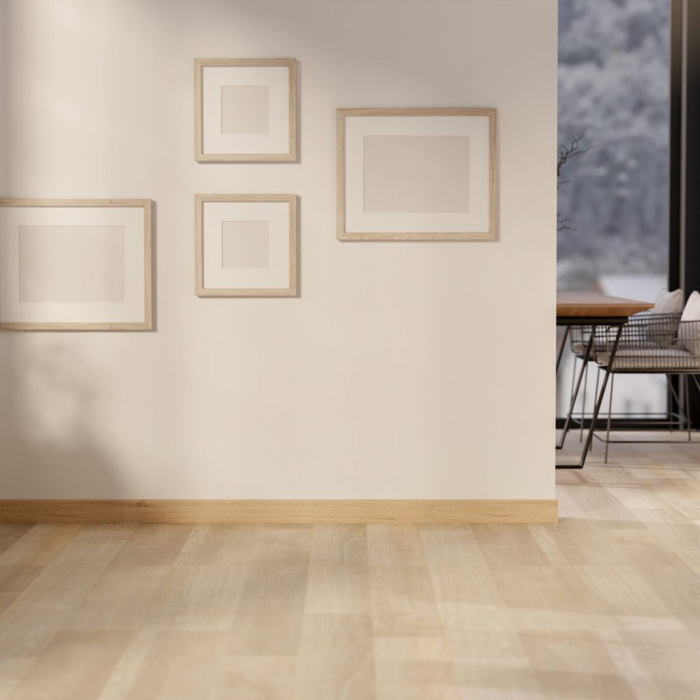 Empty frames hanging on white wall of a living room and a wooden floor corridor. Gallery photo wall. Home Interior. 3D rendering, 3d illustration.